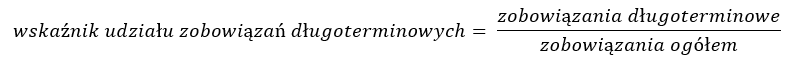 wskaźnik udziału zobowiązań długoterminowych = zobowiązania długoterminowe / zobowiązania ogółem